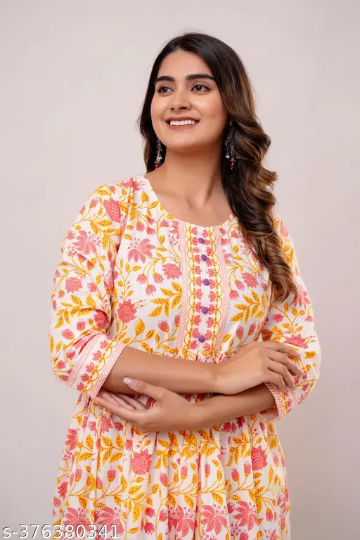 White printed cotton anarkali kurta for women
