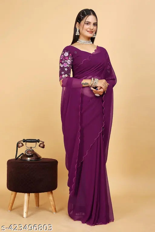 Deep purple silk sari with embroidered border, traditional outfit for women