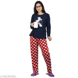 Maroon unicorn-printed women's cotton nightsuit with long sleeves, featuring both side packets from Ninos Dreams, origin India