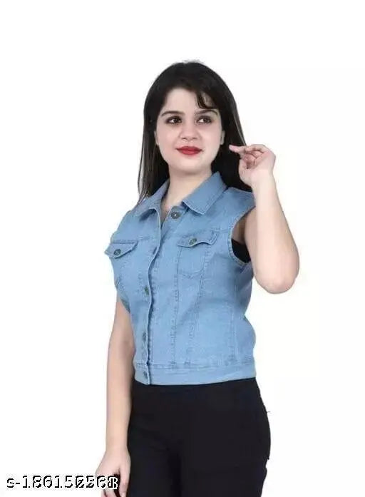 Denim half-sleeve jacket for women, solid pattern, sleeveless style, India-made