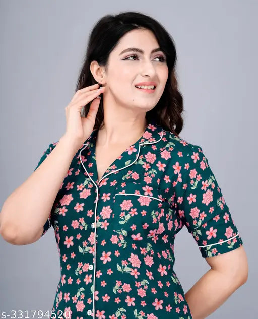 Teal blue printed rayon night suit set for women, two-piece pyjamas with short sleeves and vibrant print design, made in India