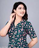 Teal blue printed rayon night suit set for women, two-piece pyjamas with short sleeves and vibrant print design, made in India