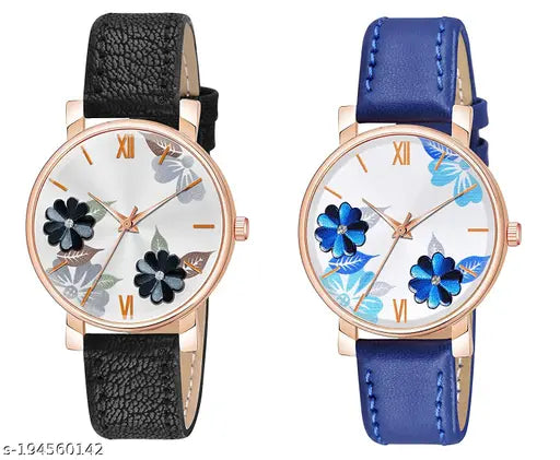 Analogue ladies watch with floral dial, black leather strap, unique design