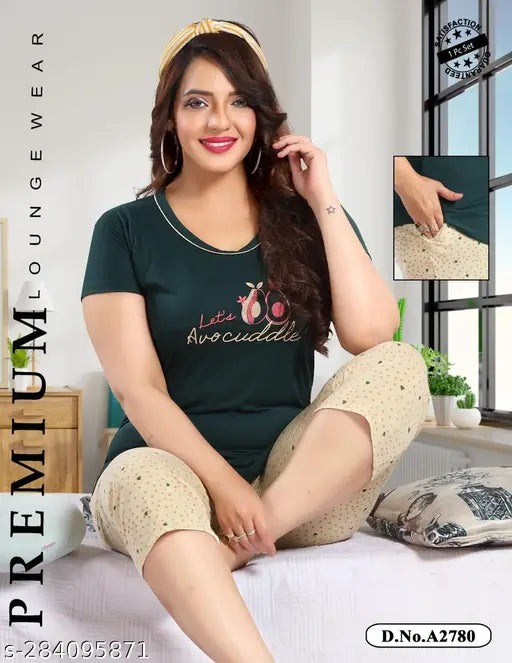 Bottle Green and Cream Colour Cotton Hosiery Half-Sleeve T-shirt & Capri Night Suit, lightweight for spring/summer, comfortable and stylish pyjama set