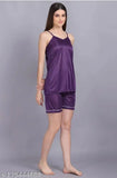 Satin nightwear set, flimsy women's tank top & shorts in solid satin fabric, elastic waist, adjustable strap, designed for trendy lounge wear, made in India