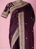 Vichitra Silk wine-colored saree with embroidery and sequin work, perfect for party wear