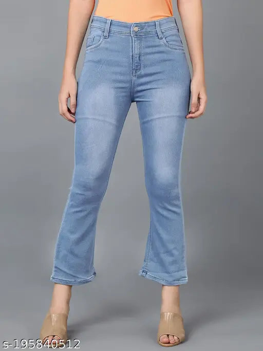 Wide-leg straight-fit blue denim jeans with high stretchability