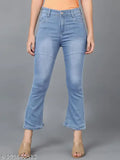 Wide-leg straight-fit blue denim jeans with high stretchability