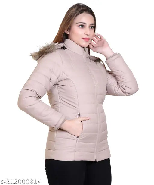 Nylon, long sleeve winter jacket for women - Solid Brazo Classy design with zip closure