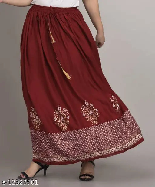 Designer unique women's western maroon skirts, rayon print flared silver with gold and white floral panels, partially elasticated waistband, tassel detailing