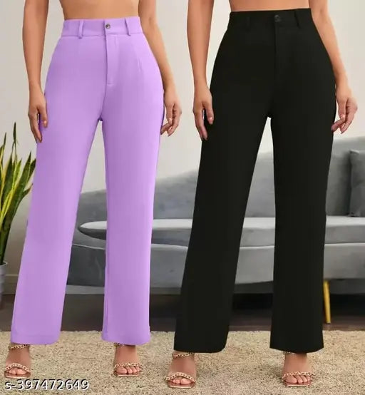 High-waisted bell-bottom pants in black, purple, and grey materials for women