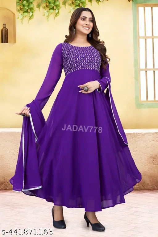 Purple Georgette Women's Embroidered Straight Kurta & Dupatta Set, intricately embroidered, classic silhouette