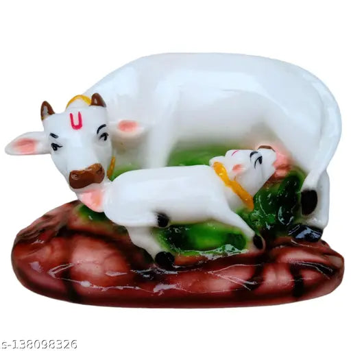 Poly resin Kamdhenu Cow with calf, adorned with precious stones - spiritual idol for homes, 5.5x3.5 inches