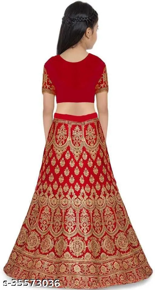 Red satin embroidered kids lehenga choli, short-sleeved blouse with matching net dupatta - perfect for ethnic occasions