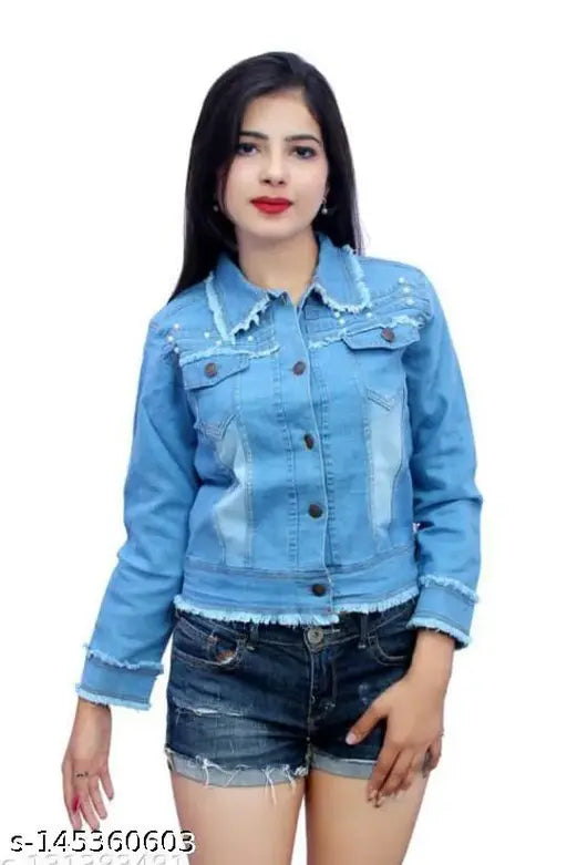 Stylish denim girls' jacket with 3 patti moti pattern, solid net fabric, long sleeves. S, M, L, XL sizes available