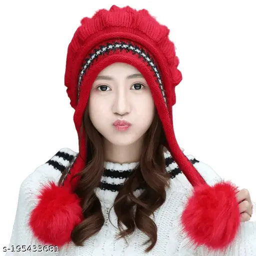 Red fur beanie, white fur gloves, winter fashion combo set
