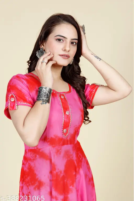 Pink rayon short sleeved dress with lace details