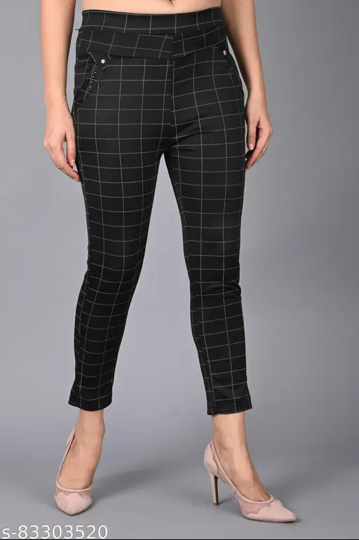 NavyBlue cotton blend checked jeggings pack of 2 with elasticated waistband, great for casual wear and lounging. Two side pockets allow for versatile outfits. Flattering, stretchy, and super soft. Ideal for movies, outings, and more. Match with colorful tops, kurti, and funky jewelry. Free Size (Waist Size: 30 in, Length Size: 40 in). Made in India