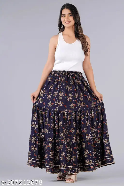Flower Booti printed long rayon skirt, vibrant floral design for women's wardrobe on hanger