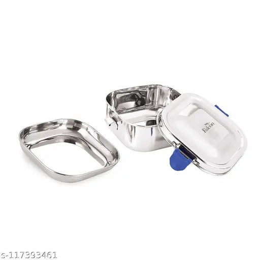 A stainless steel rectangular lunch box with a separate plate, blue and silver