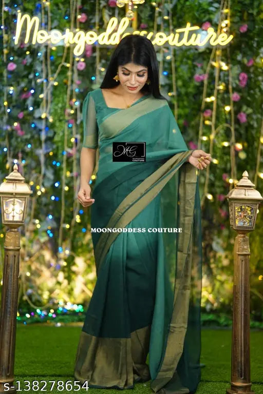 Special Edition Green Chiffon Saree with Big Border - Handloom crafted, captivating copper zari, opulent and sophisticated look for special occasions