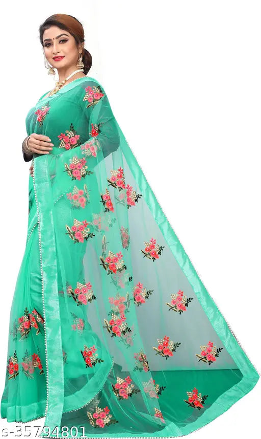 Fancy soft net Moti Lace saree with unstitched blouse piece, Indian party wear featuring floral embroidery on nylon net fabric