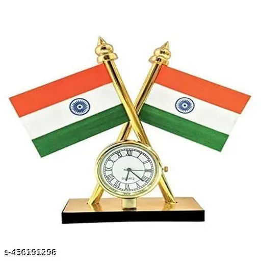 Divine Collections multicolor Indian flag with quartz watch frame, 11cm height, lightweight, easy installation for car dashboards & home tables