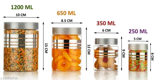 Silver plastic grocery container set with various sizes (1200ml, 650ml, 350ml, 250ml), pack of 24 pieces