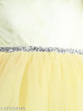 Lemon yellow net party dress for kids, full length with short sleeves and toy balloon print