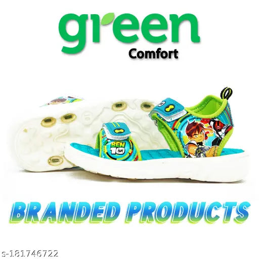 Children's sandal shoes in sea green color, featuring a parrot print and text, with a branded name tag. Limited edition Adventures collection for kids aged 2-10 years, offering comfort