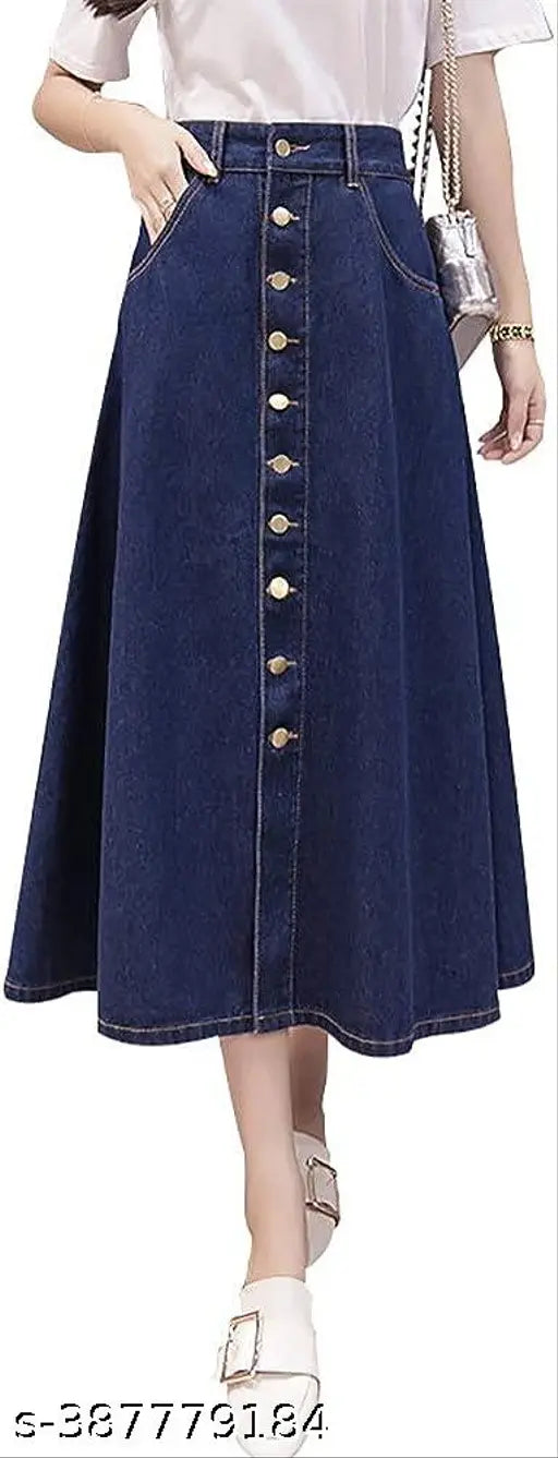 Navy Blue Ten-Buttoned A-Line Maxi Denim Skirt for Women - Lightweight, breathable, home washable, trendy denim skirt with adjustable waist, perfect for all body types and various occasions. Made in India