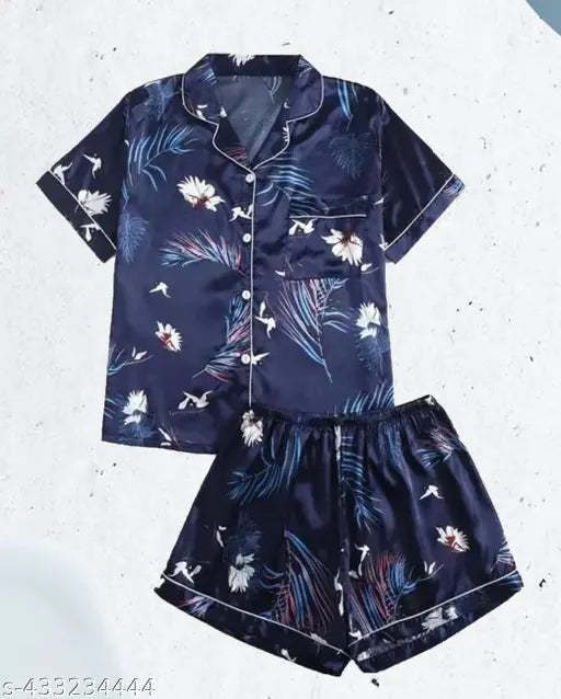 Trendy cotton-blend nightdress, top, and shorts set for women - printed net, short sleeves, suitable for summer, winter, monsoon evenings - Made in India