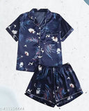 Trendy cotton-blend nightdress, top, and shorts set for women - printed net, short sleeves, suitable for summer, winter, monsoon evenings - Made in India