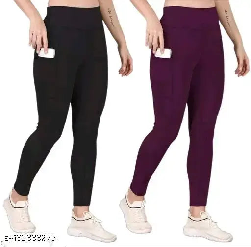 Black Solid Lycra Activewear Jeggings Pack of 2 for Women's Workout, Yoga, Gym, Cycling, Dance, Cardio - Earth joy brand, skin-fit, elastic pocket