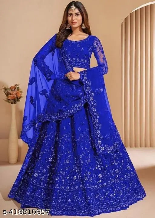 Embroidered net lehenga for women with choli and dupatta, free size, 42m waist, 44m length, Indian bridal wear