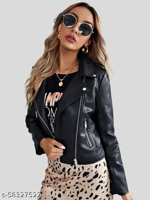 Faux leather black women's jacket, premium quality, long sleeves, solid pattern, XS-XL sizes (India origin)