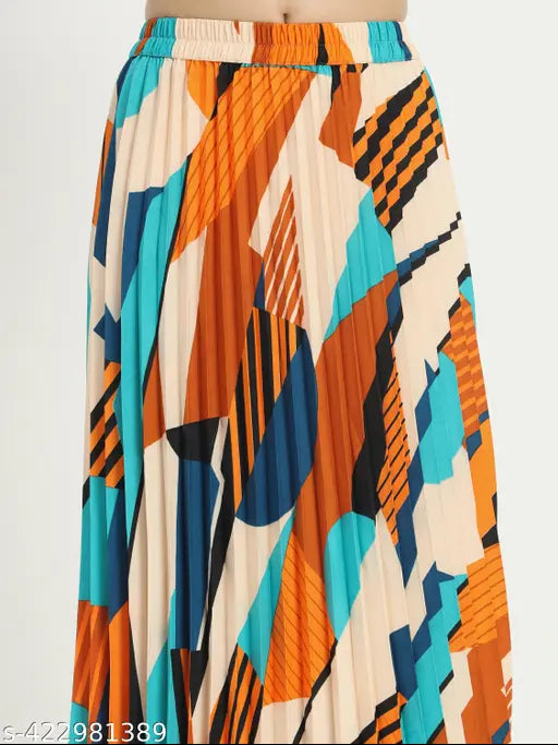 Stylish printed crepe skirt, flared design, western wear with pleats for women. Contemporary pattern ideal for spring, autumn, or winter events. Sizes available: 26, 28, 30, 32, 34, 36, 38 (in). Made in India