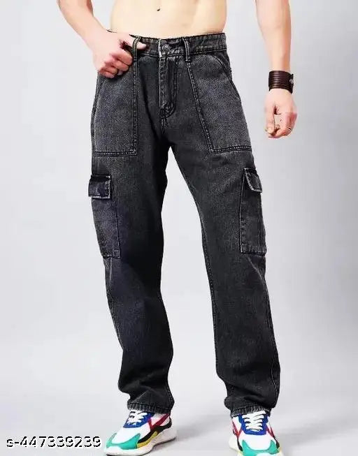 Grey denim pants with pockets and belt loops