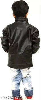 Black kids leather long sleeve solid garment, suitable for 7-8 years old children's fashion, made in India