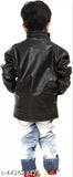Black leather children's jacket with red lining and zip closure