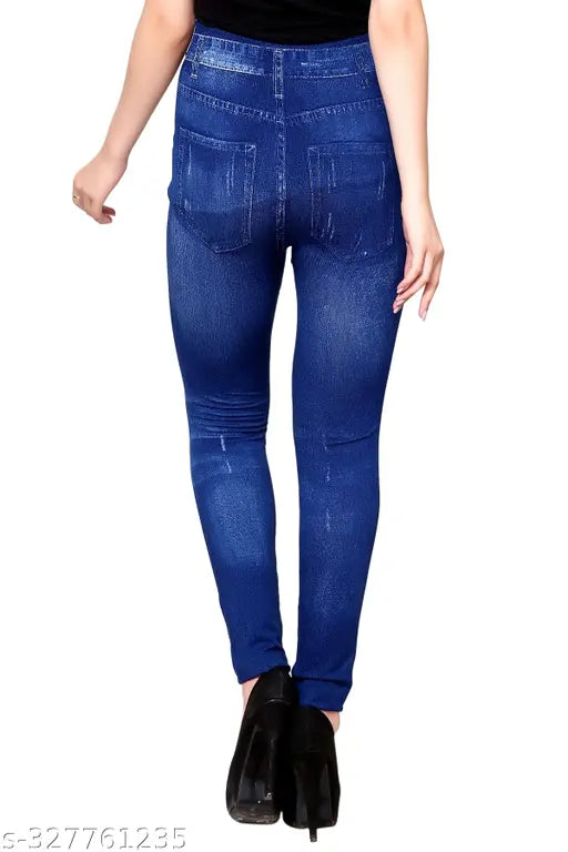 Blue Printed Denim Jegging from DIKFAB - Polyester blend, 4-way stretch, fits perfectly, available in Sizes 28, 30, 32, M, L, XL, Free Size (India)