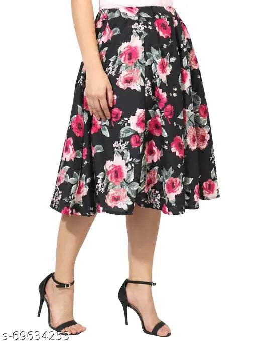Grace Diva floral print mid-calf length women's skirt combo, navy blue & pink rose pattern on black base, IBPanel polyester, crepe fabric, 27" long, flared style, size options available
