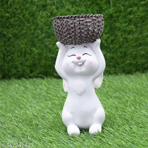 White ceramic rabbit statue holding a wicker basket, garden decoration, home decor, gift table decor, kids room decor