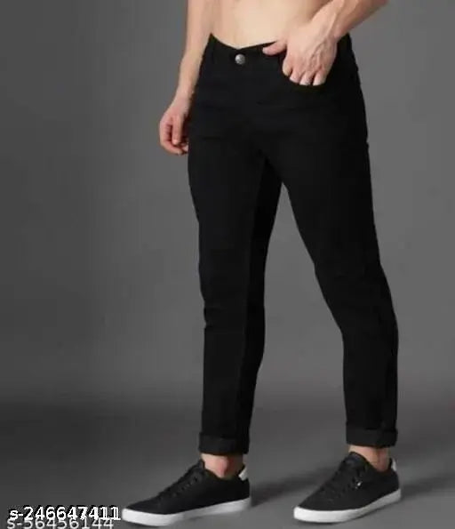 Polycotton trendy men's jeans, light wash solid pattern, black color, mid-rise, button waist closure, manufactured in India