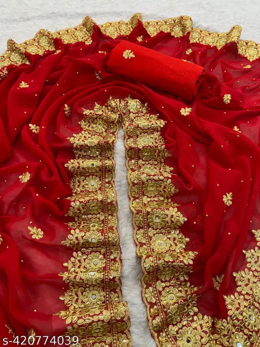 Red and gold Zari embroidered saree with ruffled end