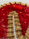 Red and gold Zari embroidered saree with ruffled end