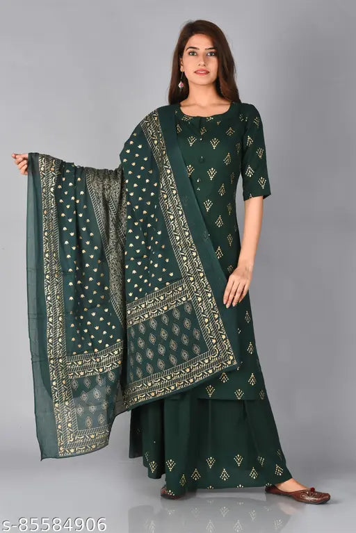 Green rayon kurta with matching skirt set, dupatta included