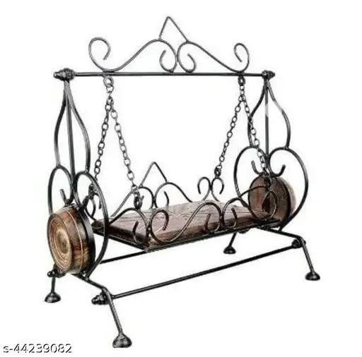 Decorative iron hanging rack with chains, Indian spiritual pooja jhula made of metal with an antique finish