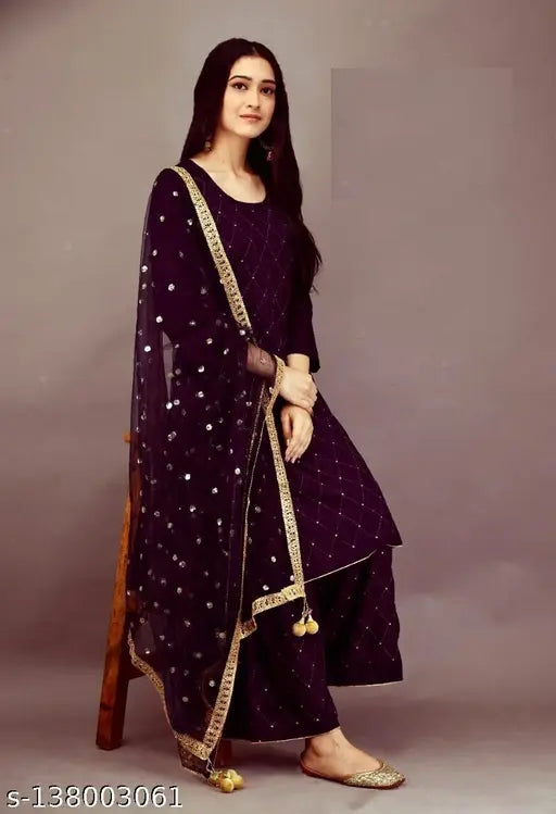 Rayon embellished dupatta sets, three-quarter sleeve kurta and bottomwear on mannequin, India origin