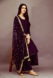 Rayon embellished dupatta sets, three-quarter sleeve kurta and bottomwear on mannequin, India origin